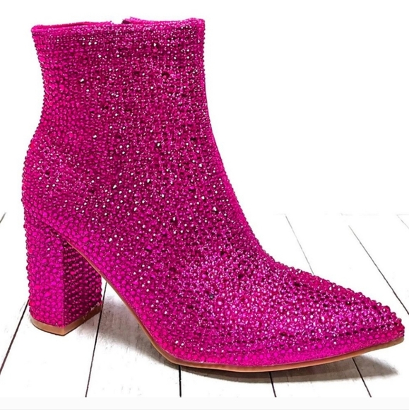 Fuchsia Pink Rhinestone Pointed Toe Chunky Heel Ankle Boots Bootie - Picture 4 of 8